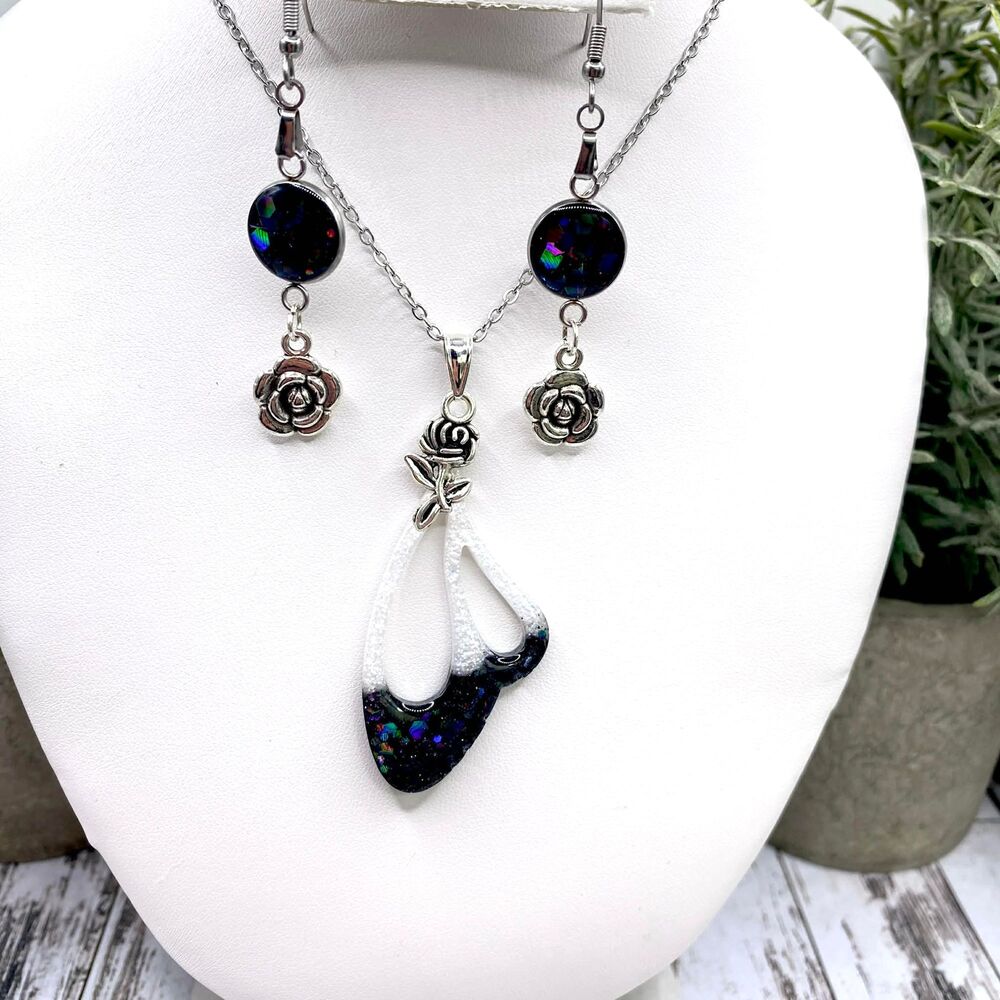 Handmade Black Glitter Resin Necklace Set w/ Rose Charms | Silver Floral Jewelry - Picture 3 of 4